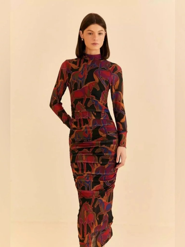 Farm Rio Nwot Multicolor Tulle Mesh Horse Printed Ruched Wild Horses Midi Dress